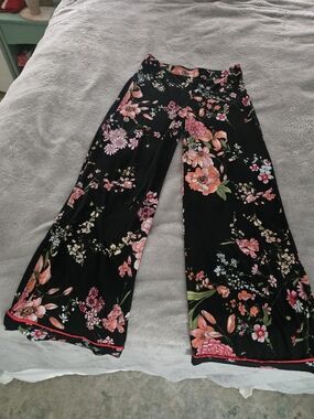 Monteau Black Wide-Leg Pants with Pink & Coral Floral Print